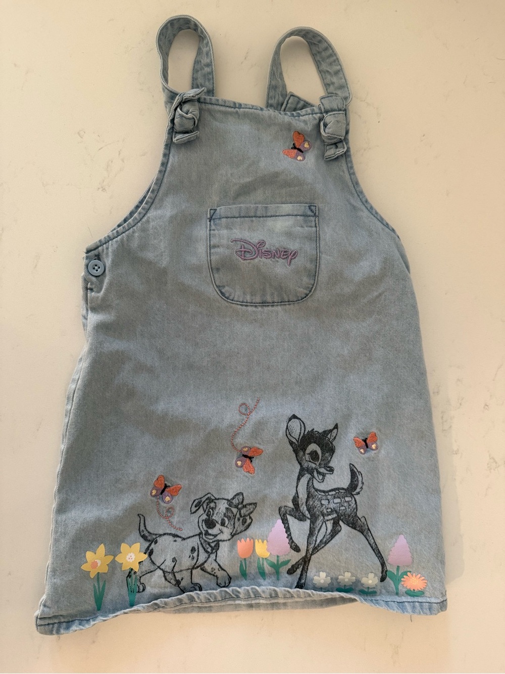 Disney Light Blue Denim Overall Dress with Bambi & Puppy Embroidery